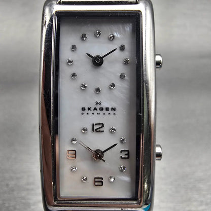Skagen Dual Time Watch Women 20mm MOP Dial Silver Rectangle 20SSSMP New Battery1