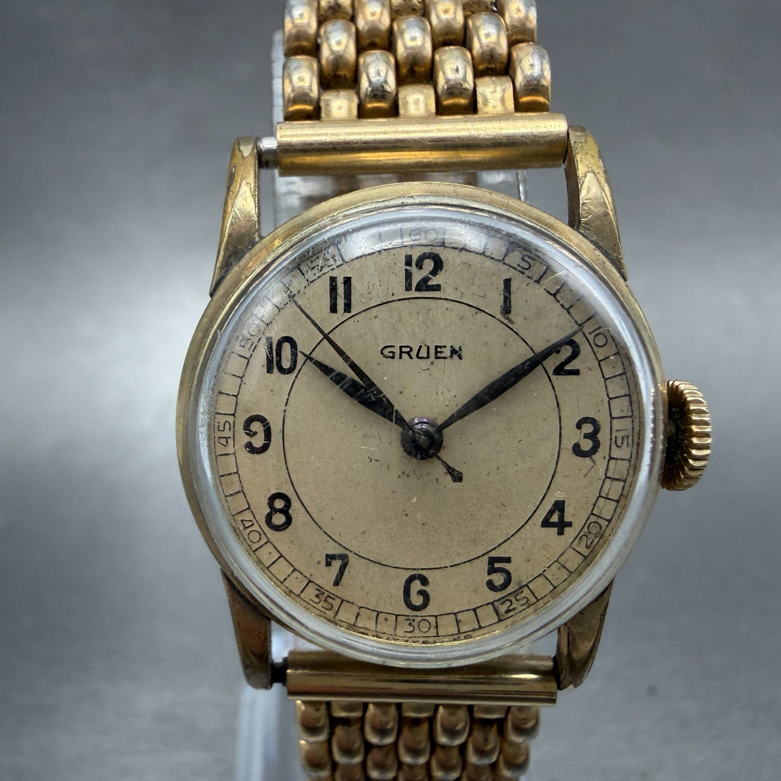 Gruen Military Watch Women 24mm Cream Dial Gold Tone Round Manual Wind READ!!!!!0