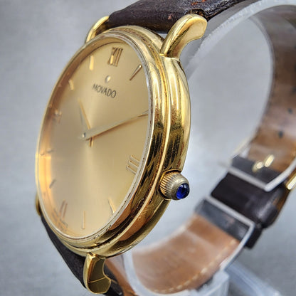Movado Watch Men 34mm Gold Dial Gold Tone Round 87E40885 Leather New Battery2