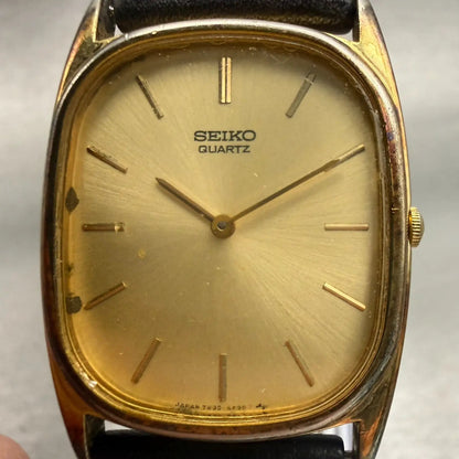 Seiko Watch Men 27mm Gold Dial Gold Tone Rectangle 7430-5319 New Battery VTG1