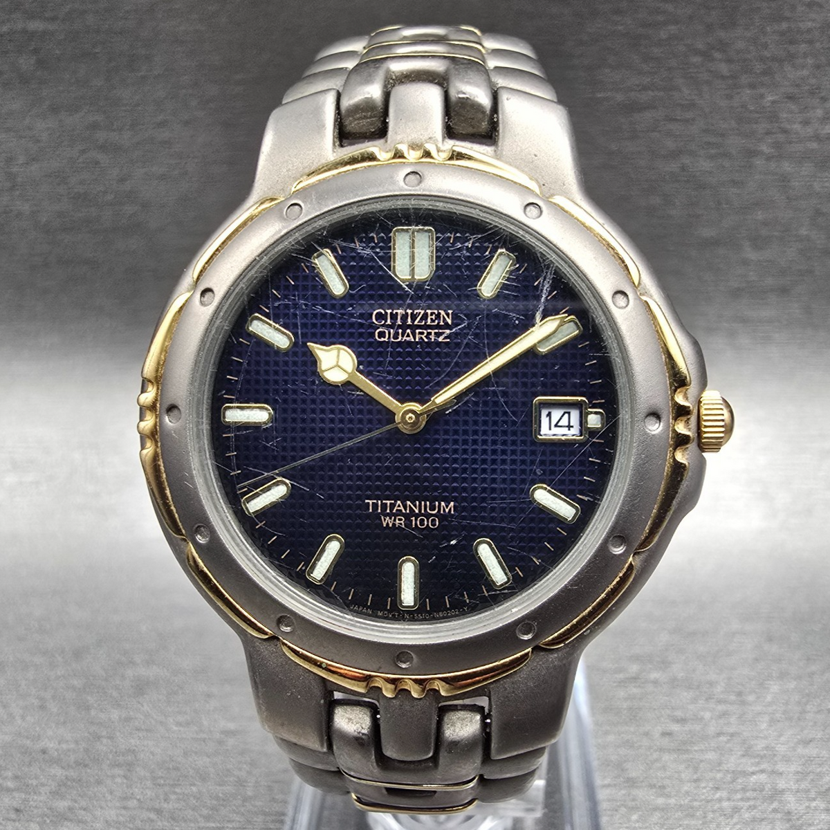 Citizen Watch Men 35mm Blue Dial Two Tone Titanium Date 5510-S61615 New Battery0