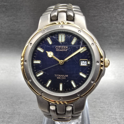 Citizen Watch Men 35mm Blue Dial Two Tone Titanium Date 5510-S61615 New Battery0