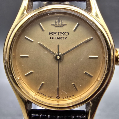 Seiko Watch Women 20mm Gold Dial Gold Tone Round 2Y01-0A10 New Battery Vintage1