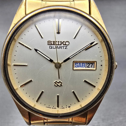 Seiko SQ Watch Men 34mm Champagne Dial Gold Tone Daydate 5H23-8A09 New Battery1