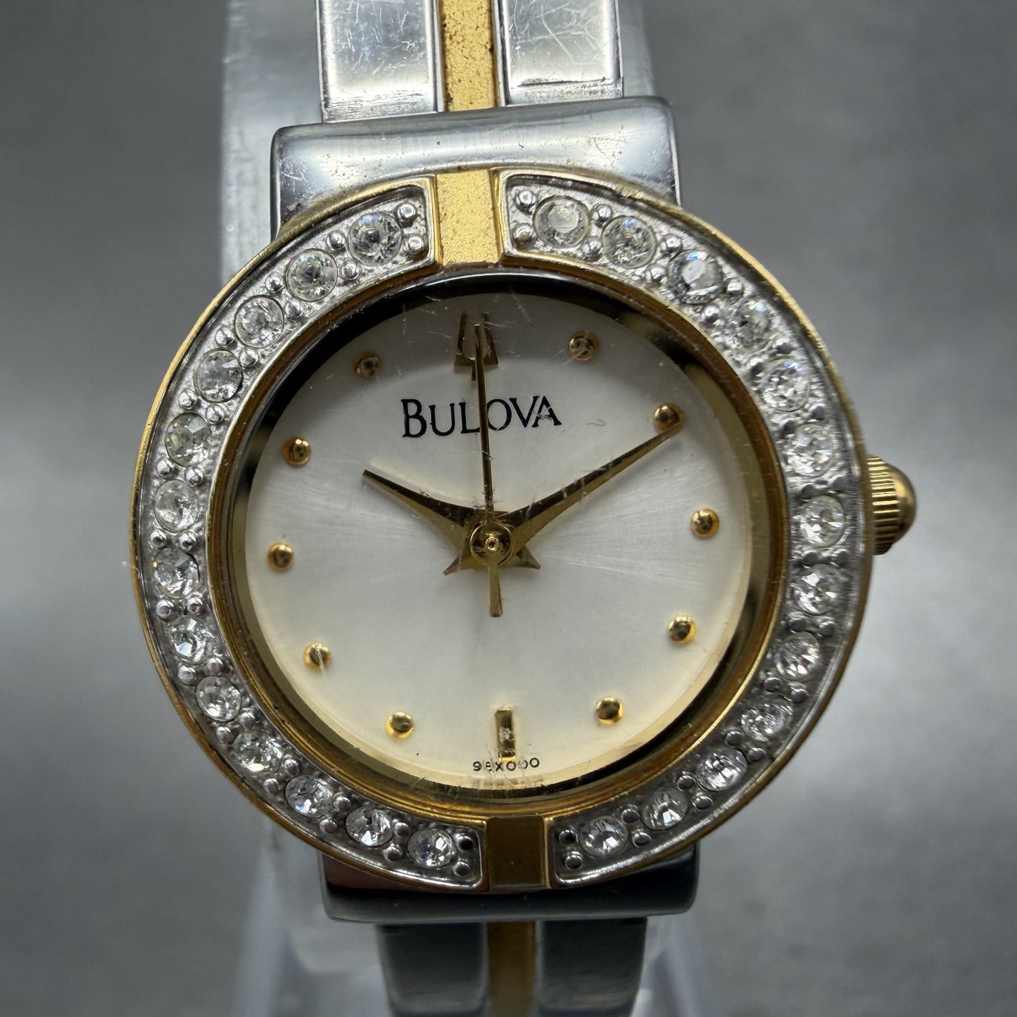 Bulova Watch Women 21mm White Dial Two Tone Crystal Bezel 98X000 New Battery1
