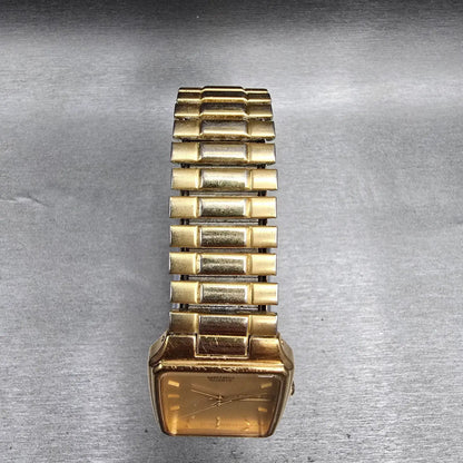 Seiko Watch Men 28mm Gold Dial Gold Tone Daydate Rectangle 7N33-5028 New Batt JP4