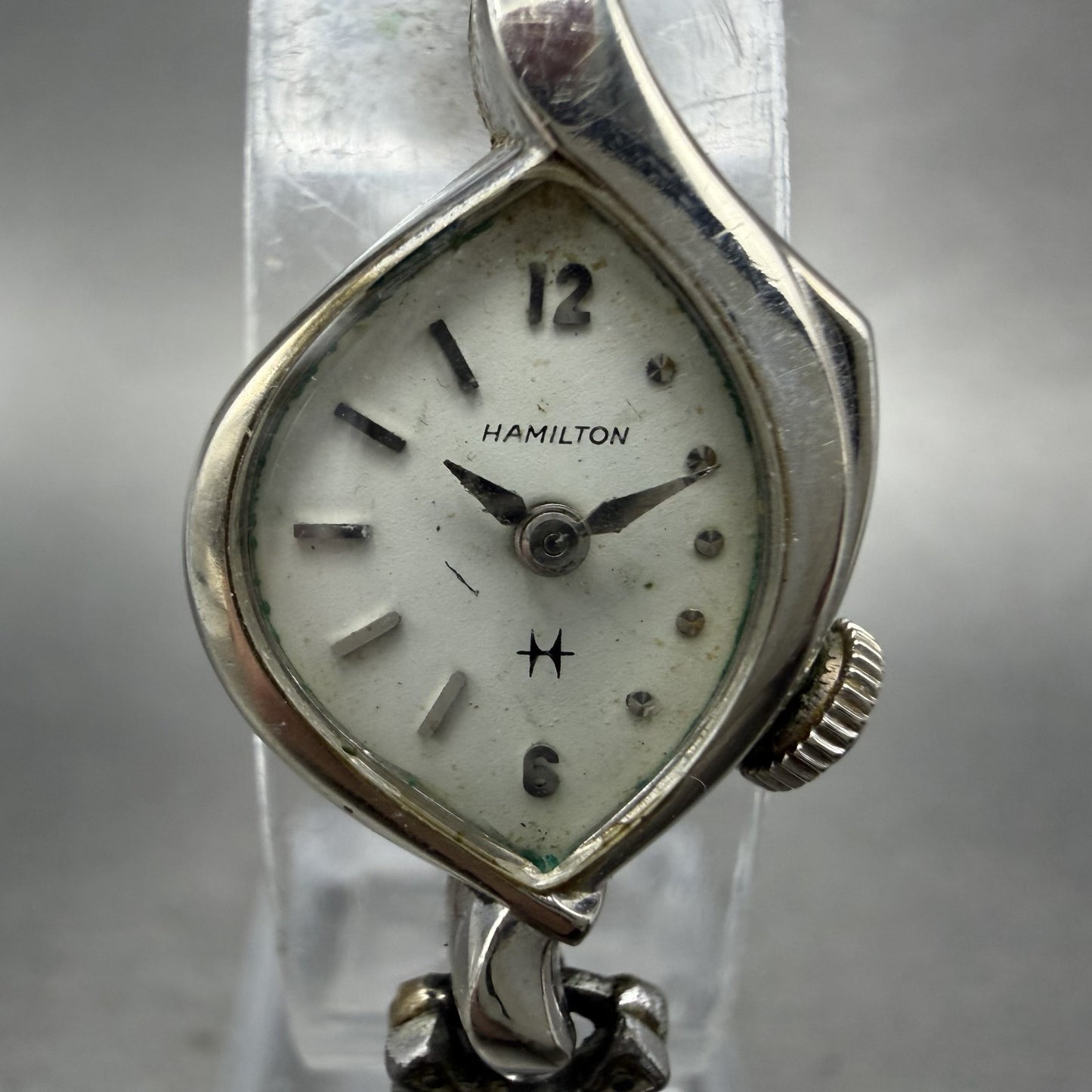 Hamilton Watch Women 17mm White Dial 10K White Gold Filled Manual Asymmetrical1