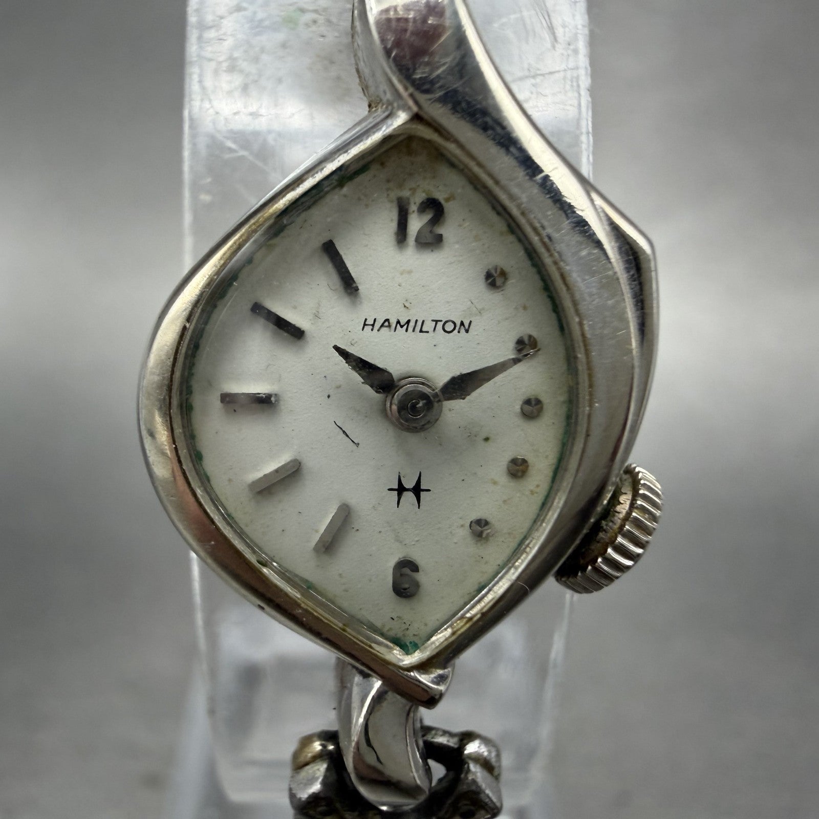 Hamilton Watch Women 17mm White Dial 10K White Gold Filled Manual Asymmetrical1