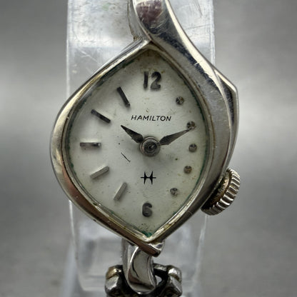 Hamilton Watch Women 17mm White Dial 10K White Gold Filled Manual Asymmetrical1