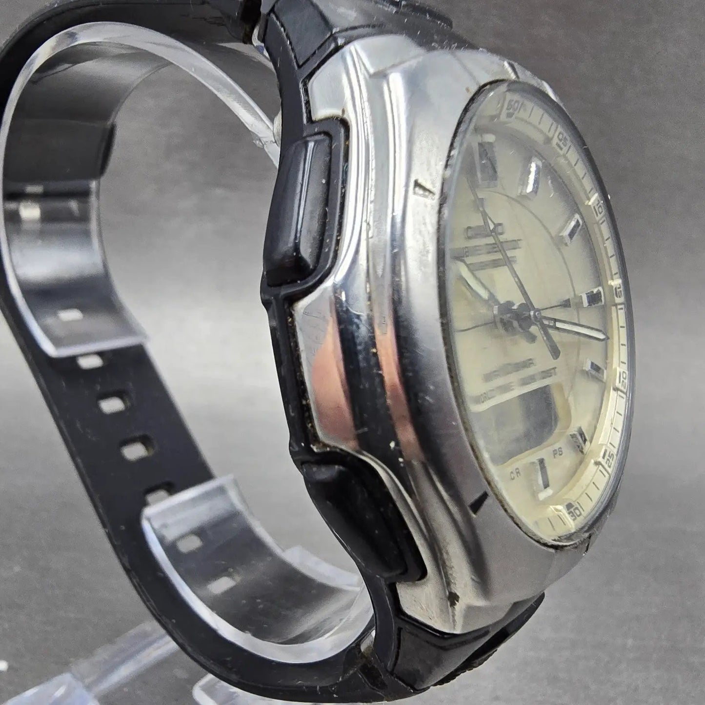 Casio Wave Ceptor Watch Men 44mm Champagne Dial Silver Daydate Alarm READ!!!3
