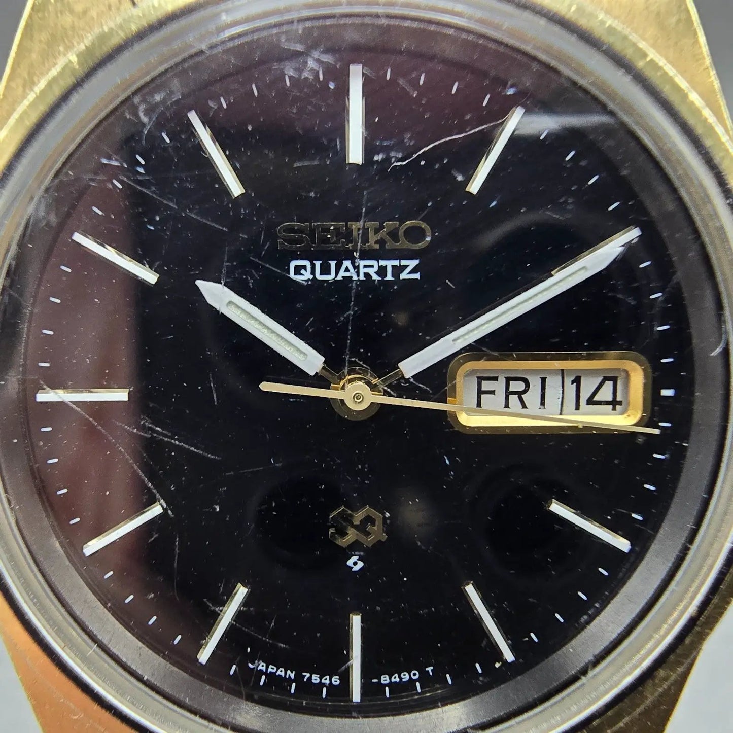 Seiko SQ Watch Men 36mm Black Dial Gold Tone Daydate Round 7546-8419 PARTS2