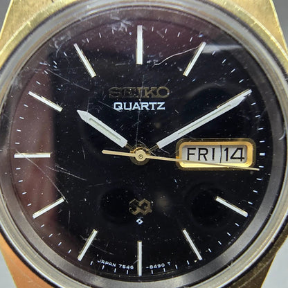 Seiko SQ Watch Men 36mm Black Dial Gold Tone Daydate Round 7546-8419 PARTS2
