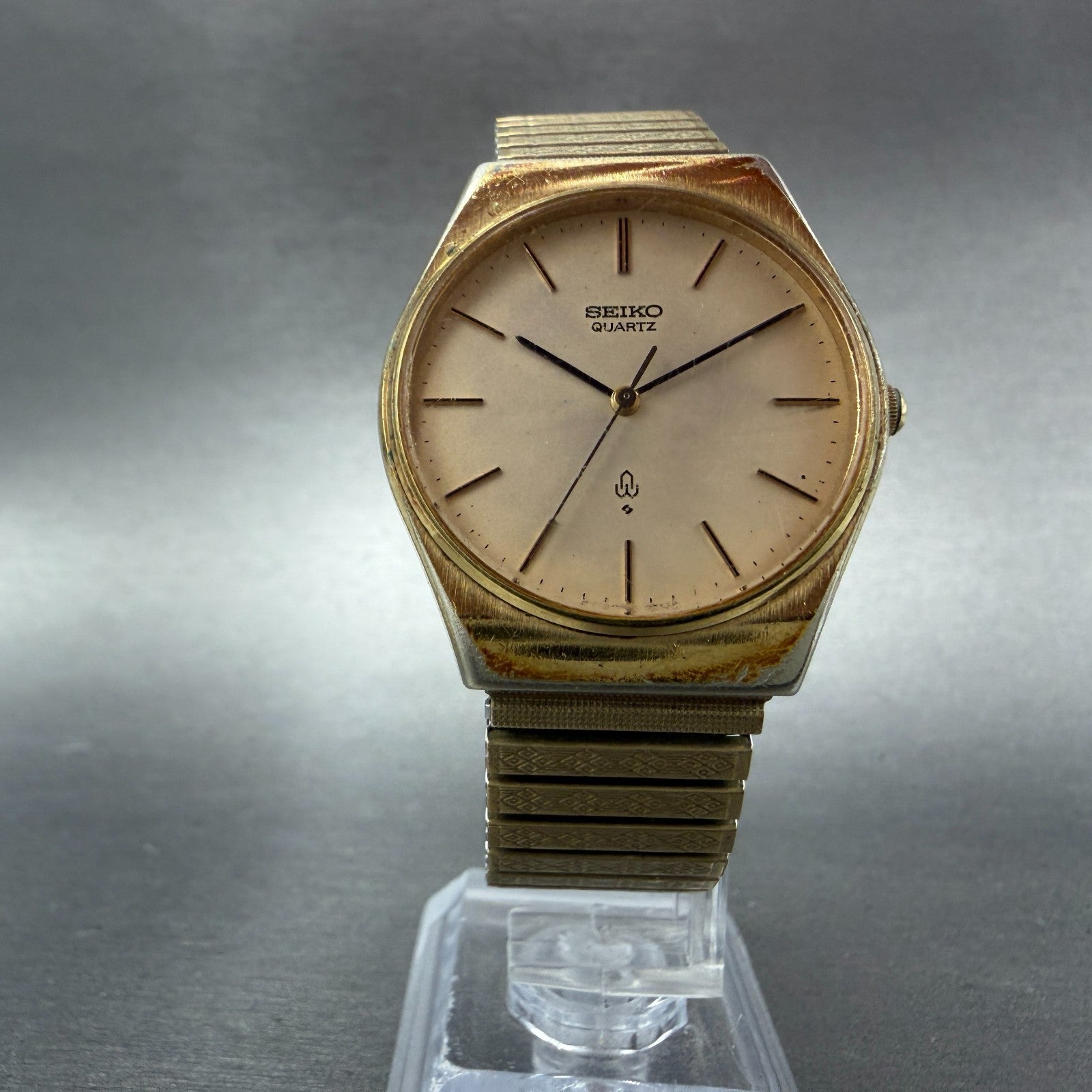 Seiko Watch Men 32mm Champagne Dial Gold Tone Round 7830-8020 New Battery VTG5