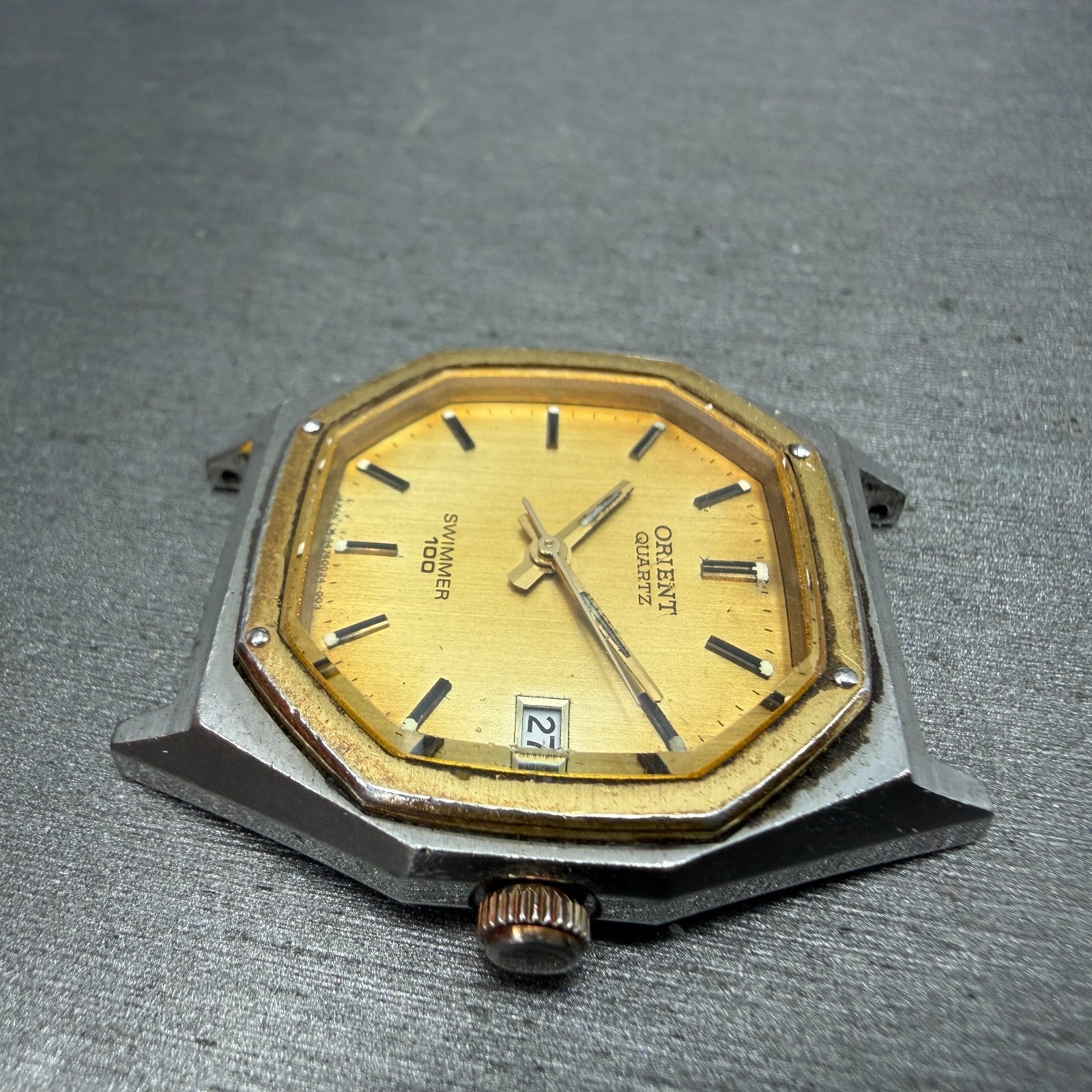 Orient Swimmer Watch Men 32mm Gold Dial Two Tone Date Octagon New Battery VTG5