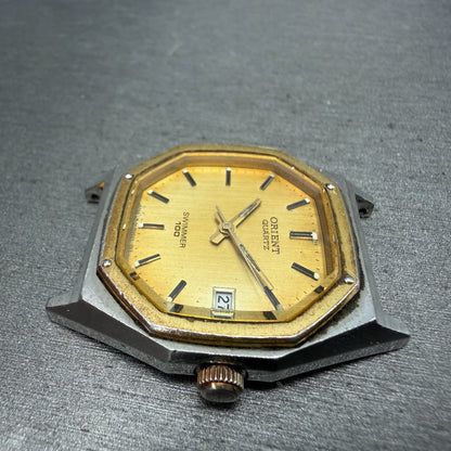 Orient Swimmer Watch Men 32mm Gold Dial Two Tone Date Octagon New Battery VTG5