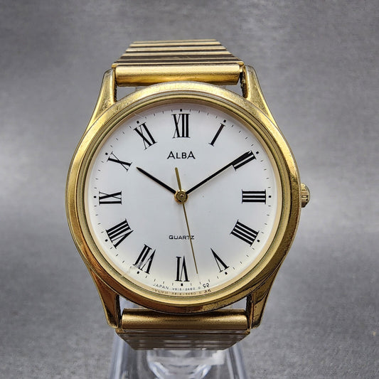 Seiko Alba Watch Men 32mm White Dial Gold Tone Round V515-6470 New Battery