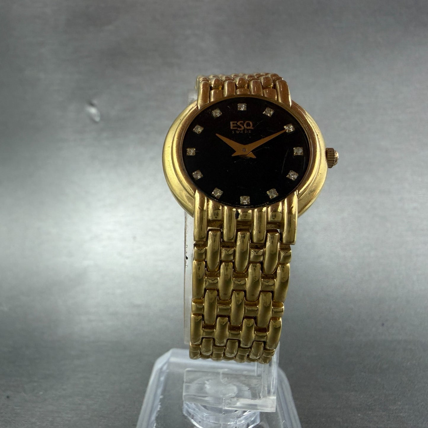 ESQ Watch Women 25mm Black Dial Gold Tone Round Gem Markers 100203B New Battery5