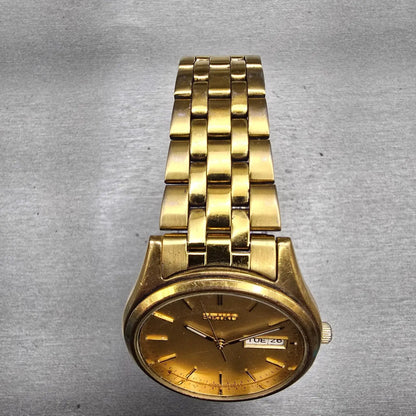 Seiko Watch Men 36mm Gold Dial Gold Tone Daydate Round 7N43-9048 New Battery VTG4