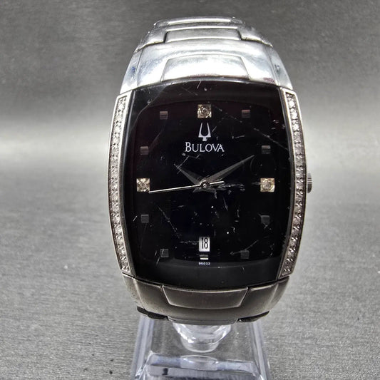 Bulova Watch Men 30mm Black Dial Silver Diamonds Date Rectangle 96E02 New Batt0