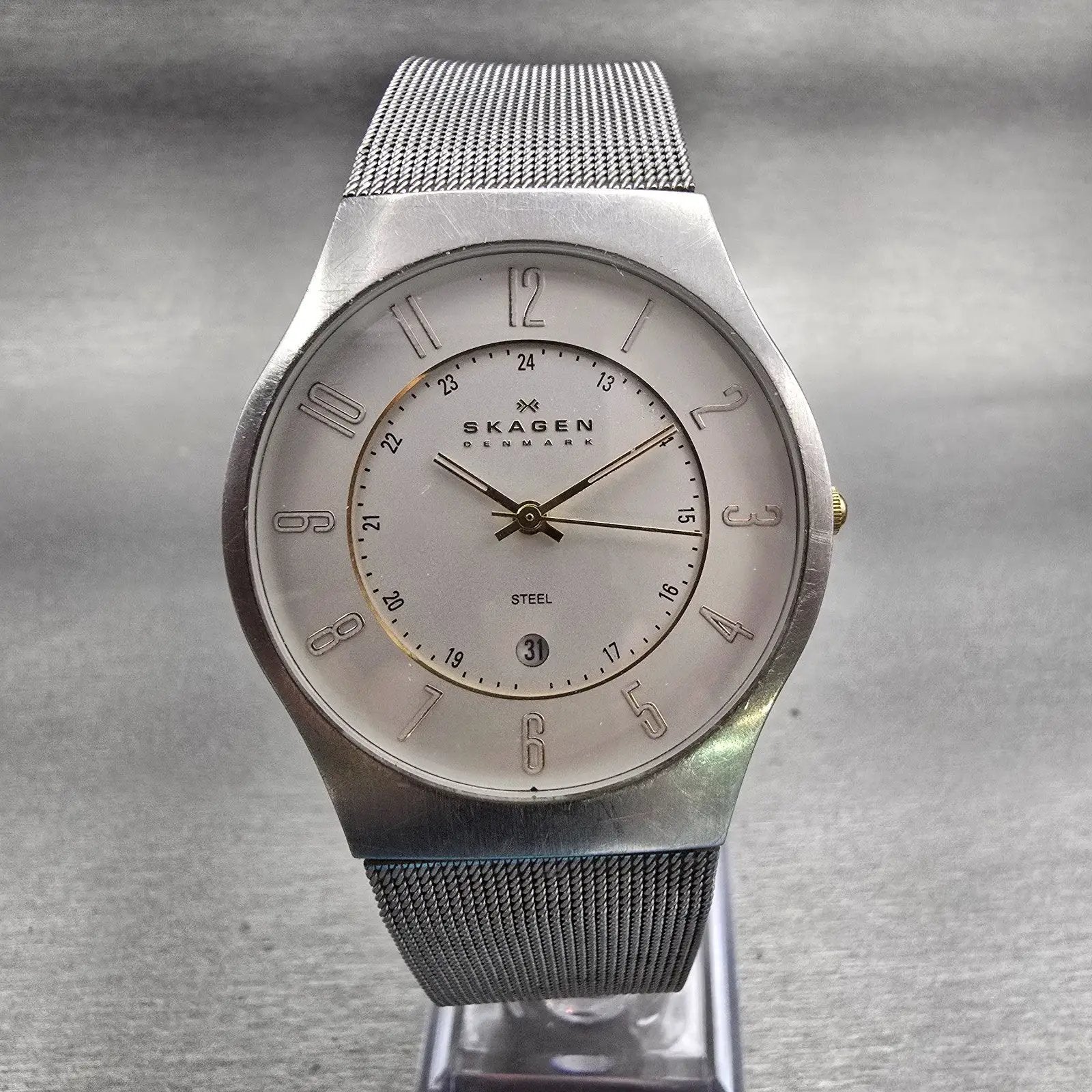 Skagen Steel Watch Men 36mm White Dial Silver Tone Date Round 233XLSGS New Batt0