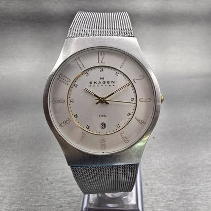 Skagen Steel Watch Men 36mm White Dial Silver Tone Date Round 233XLSGS New Batt0