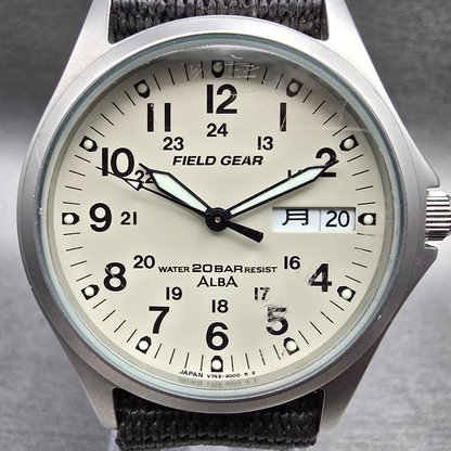 Alba Field Gear Watch Men 35mm Ivory Dial Silver Tone Daydate V743-8000 New Batt1