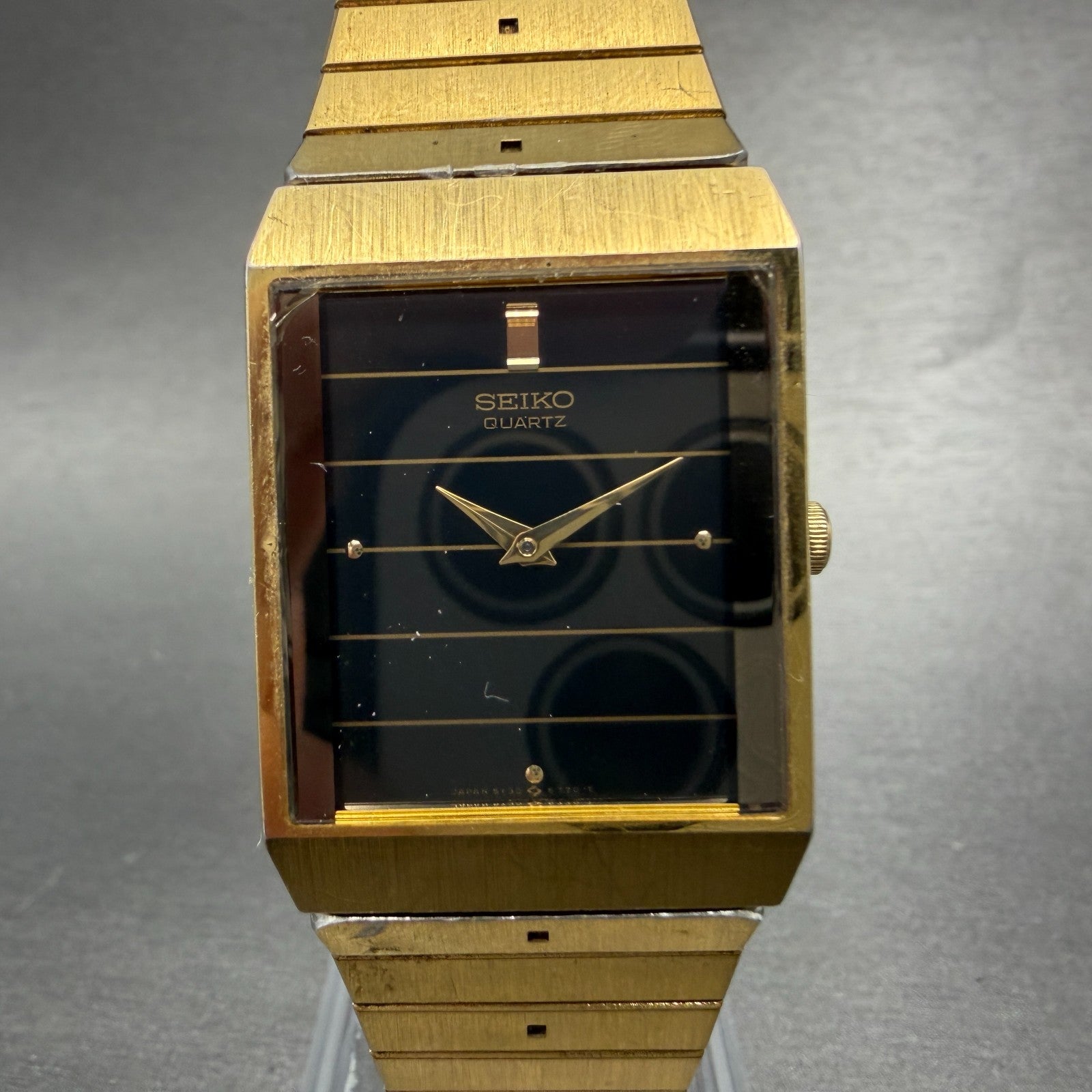 Seiko Tank Watch Men 26mm Black Dial Gold Tone Rectangle 5Y30-5349 New Battery H0