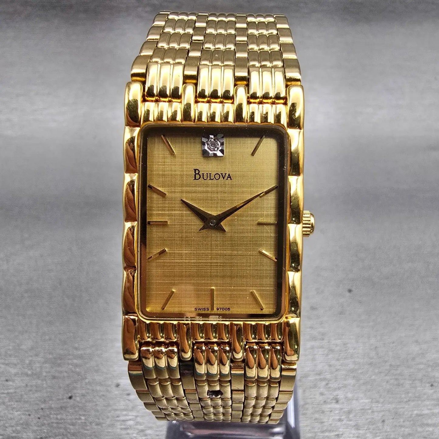Bulova Watch Men 23mm Gold Dial Gold Tone Diamond Rectangle 97D05 New Battery0
