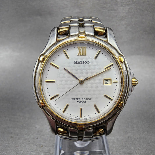 Seiko Watch Men 36mm White Dial Two Tone Date Round 7N320049 Round New Battery0