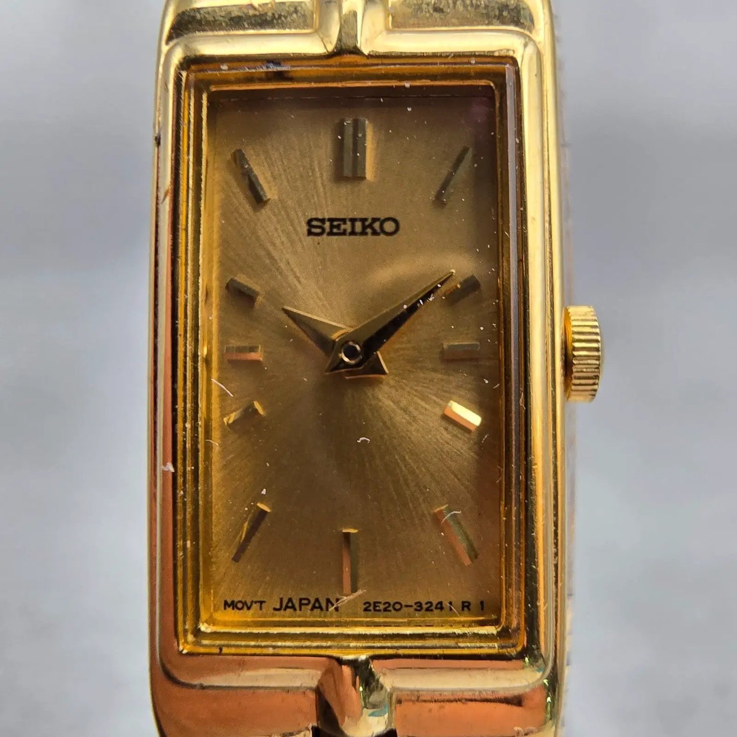 Seiko Watch Women 13mm Gold Dial Gold Tone Rectangle 2E20-7479 New Battery VTG1