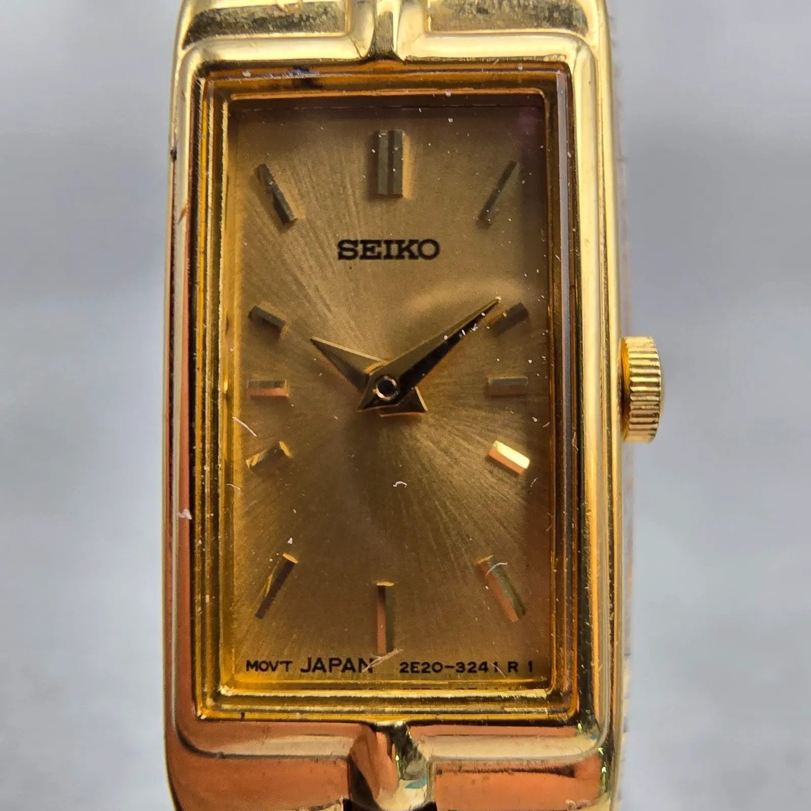 Seiko Watch Women 13mm Gold Dial Gold Tone Rectangle 2E20-7479 New Battery VTG1
