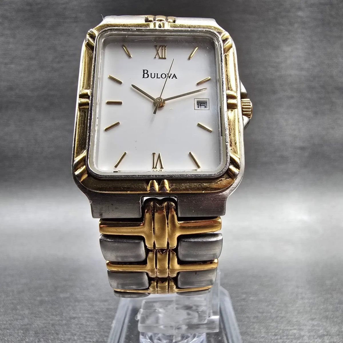 Bulova Watch Men 26mm White Dial Two Tone Date Rectangle 98B71 New Battery5