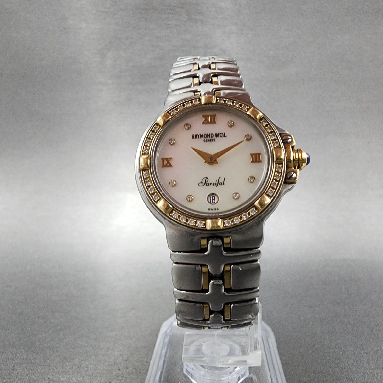 Raymond Weil Parsifal Watch Women 27mm MOP Dial Steel Diamond Bezel Date Newbatt5