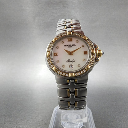 Raymond Weil Parsifal Watch Women 27mm MOP Dial Steel Diamond Bezel Date Newbatt5
