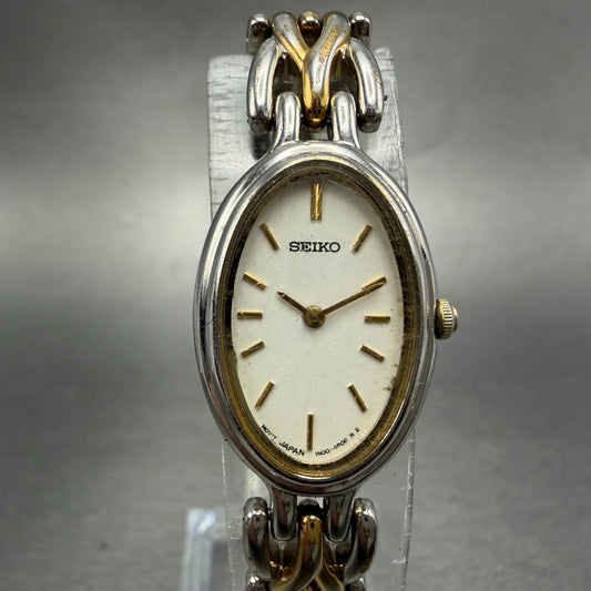 Seiko Watch Women 18mm White Dial Two Tone Oval 1N00-6G49 New Battery Vintage0