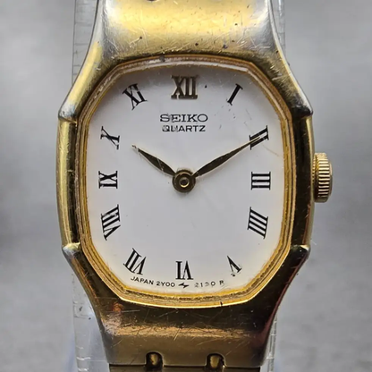 Seiko Watch Women 17mm White Dial Gold Tone Oval 2Y00-5509 New Battery Vintage1