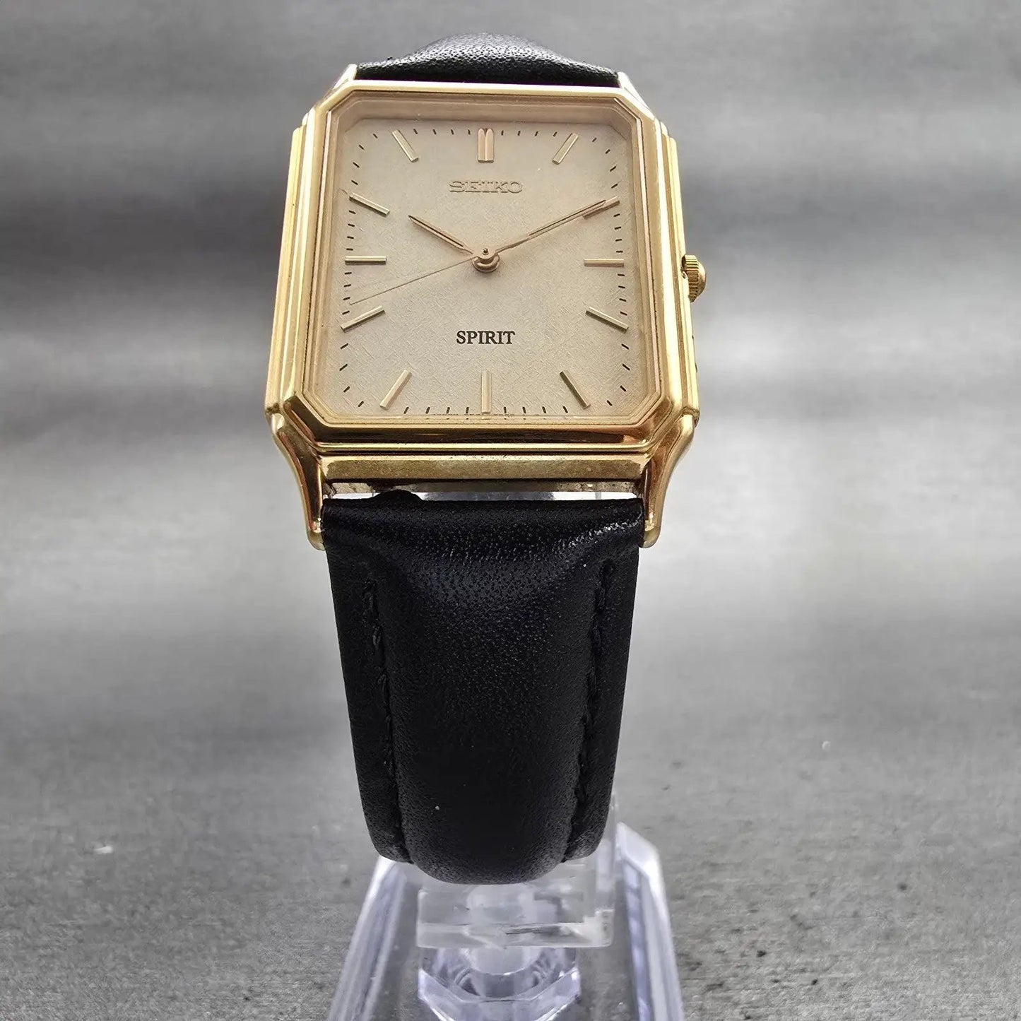 Seiko Spirit Tank Watch Men 26mm Champagne Dial Gold Rectangle 5E31-5B60 New Bat5