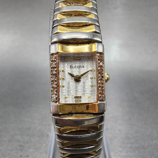 Bulova Tank Watch Women 15mm Silver Dial Two Tone 98F67 New Battery0