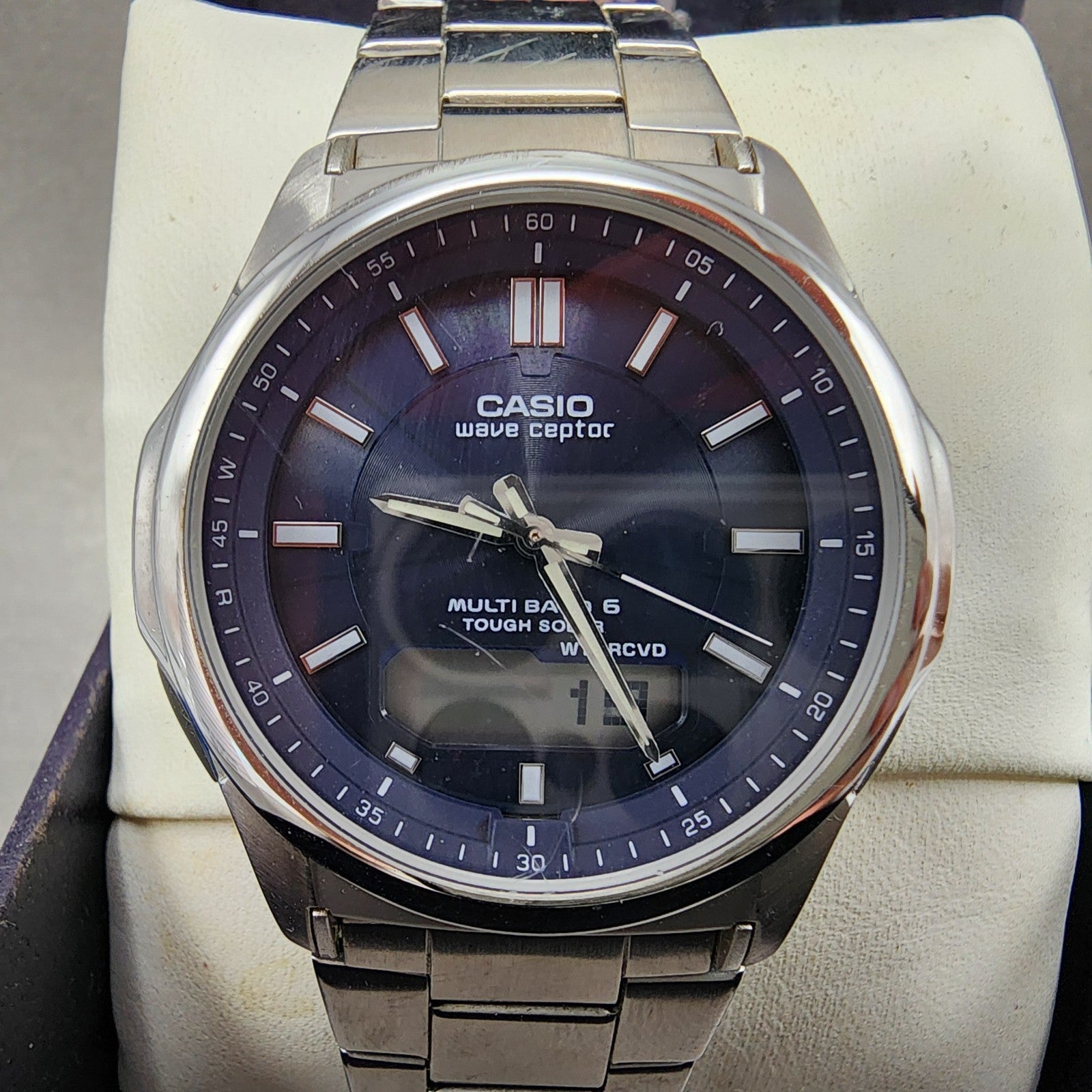 Casio Wave Ceptor Watch Men 42mm Blue Dial Steel Analog Digital Solar Runs1