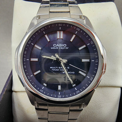 Casio Wave Ceptor Watch Men 42mm Blue Dial Steel Analog Digital Solar Runs1