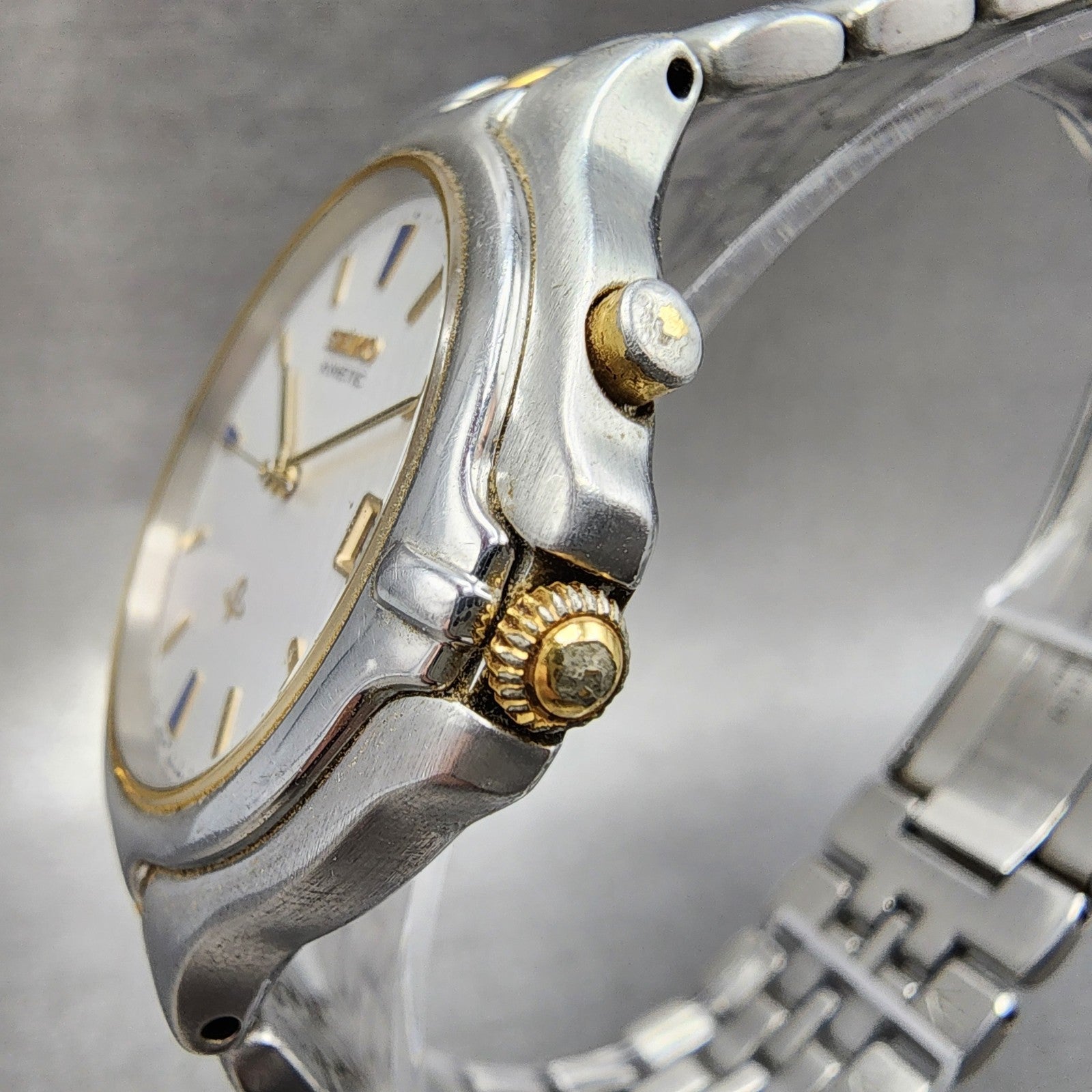 Seiko Kinetic Watch Men 37mm Silver Dial Two Tone Date 5m42-0A69 New Capacitor2