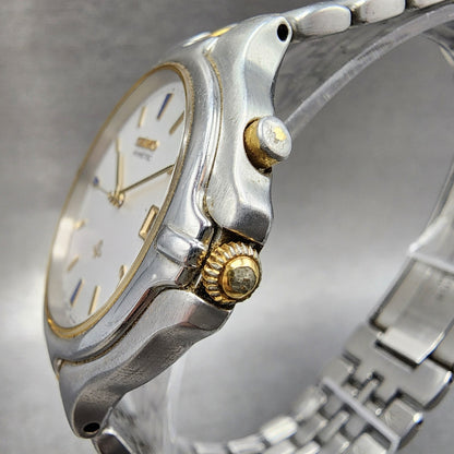 Seiko Kinetic Watch Men 37mm Silver Dial Two Tone Date 5m42-0A69 New Capacitor2