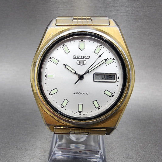 Seiko 5 Automatic Watch Men 38mm White Dial Gold Tone Daydate Round Runs
