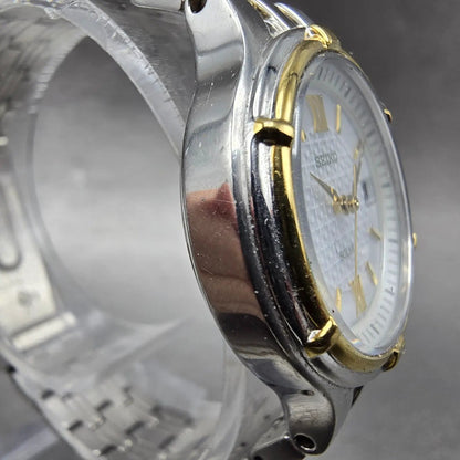 Seiko Solar Watch Women 28mm White Dial Two Tone Date Round V187-0AA0 Runs JP3