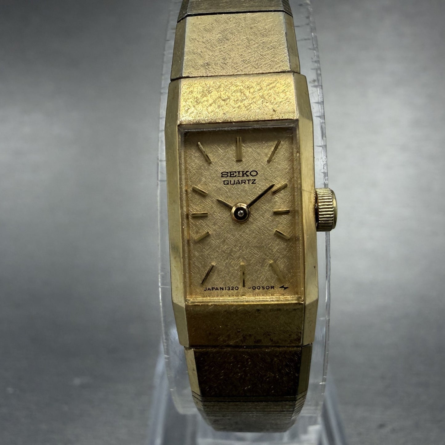 Seiko Watch Women 12mm Gold Dial Gold Tone Rectangle 1320-5049 New Battery VTG0