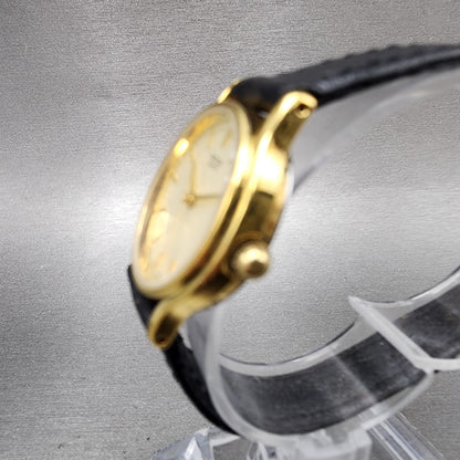Ricoh Watch Women 25mm Champagne Gold Tone Round Leather Band New Battery2