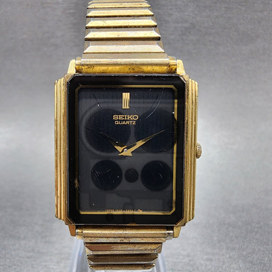 Seiko Tank Watch Men 26mm Black Dial Gold Tone Rectangle 7430-5169 New Battery