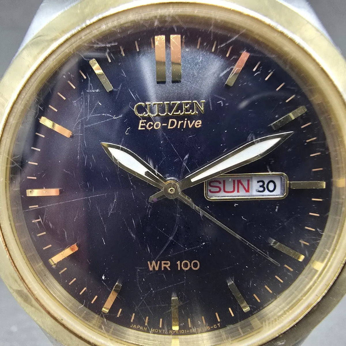 Citizen Eco-Drive Watch Men 39mm Black Dial Two Tone Daydate E101-S044294 WorksP1