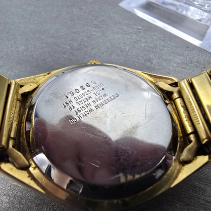 Citizen CQ Watch Men 35mm Black Dial Gold Tone Daydate READ!! 6100-S24876 NewBat9