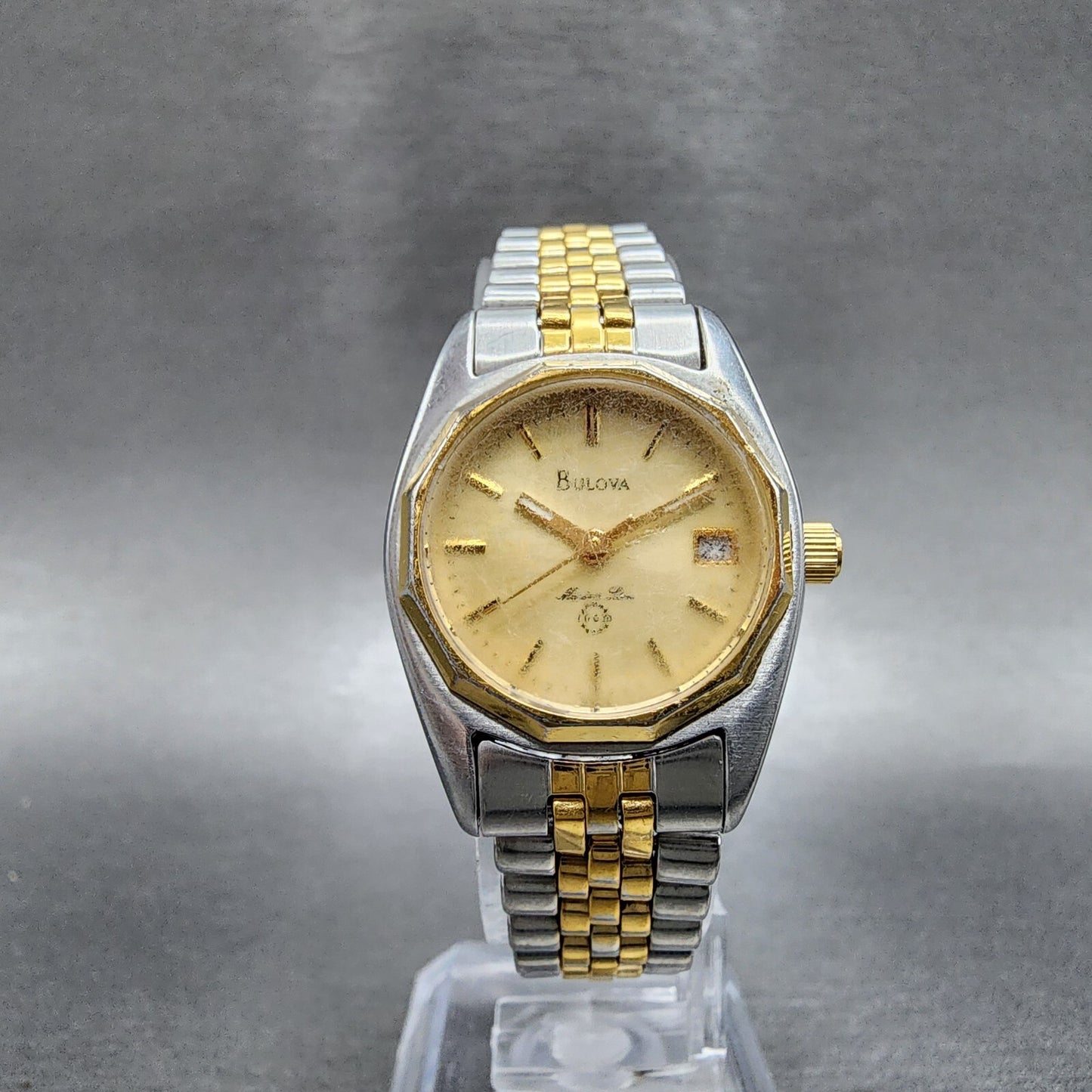 Bulova Marine Star Watch Women 24mm Gold Dial Two Tone Date Round New Battery5